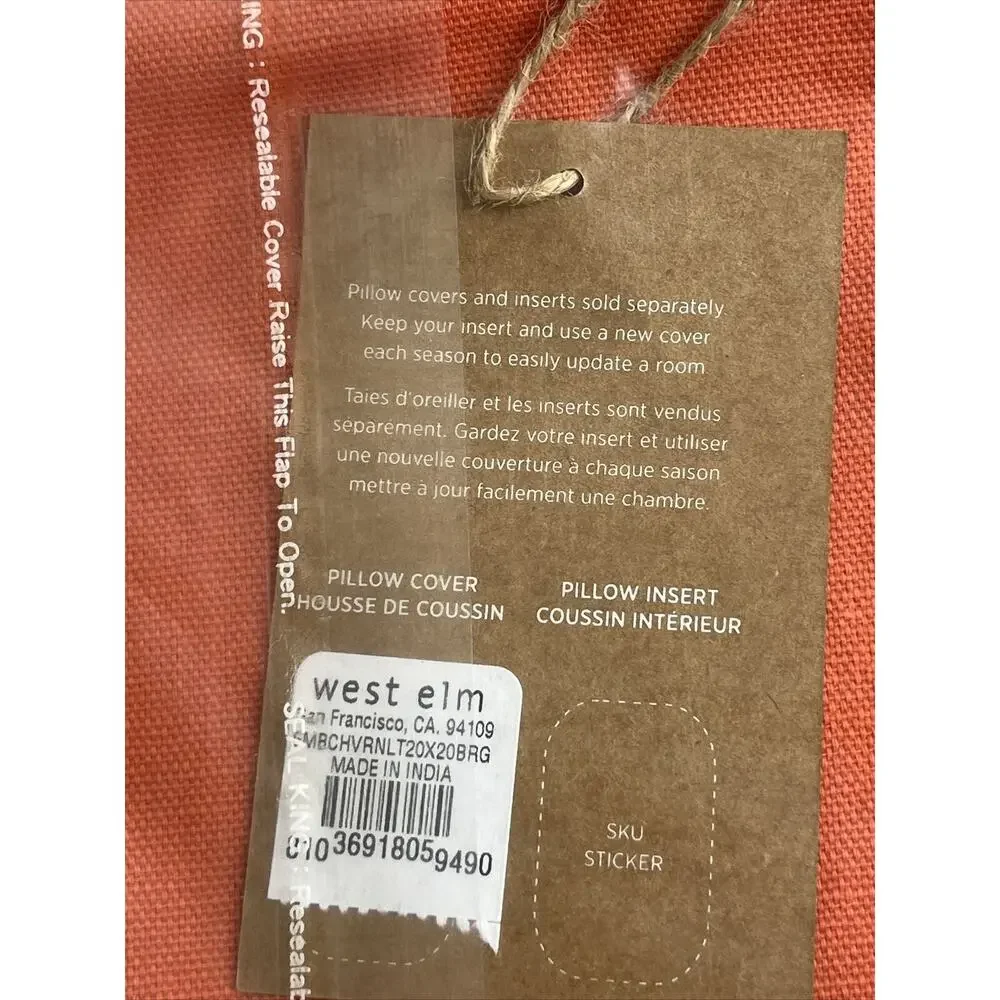 2 West Elm Throw Pillow Covers 20x20 Embroidered Gray Coral Button Back NEW